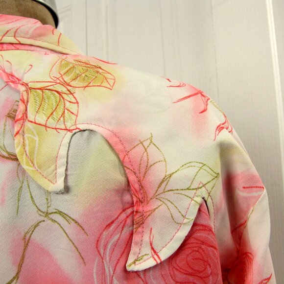 Vintage 70s Lasso Shirt Size 36 Pink Crepe Floral Pearlized Snap Front Western - Picture 9 of 14